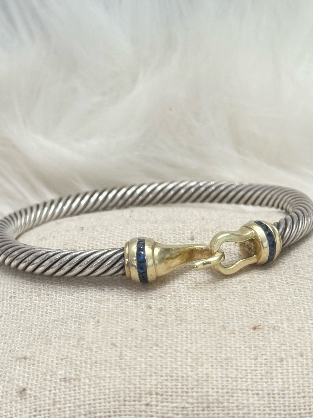 David Yurman .925 14K Gold 5mm Hook & Buckle Cable Bracelet w/Blue Sapphires - Picture 2 of 11